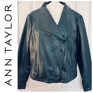 Ann Taylor Factory Moto Jacket, women’s sz 14 faux leather, forest green, EUC